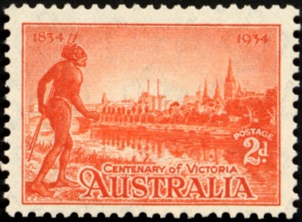 Australia-1934-Melbourne-and-Yarra-River-2-pence-orange-vermilion-C-of-A-P11-5-Landscape