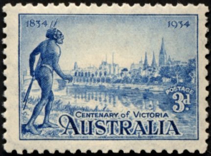 Australia-1934-Melbourne-and-Yarra-River-3-pence-blue-C-of-A-P10-5-Landscape