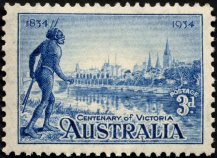 Australia-1934-Melbourne-and-Yarra-River-3-pence-blue-C-of-A-P11-5-Landscape