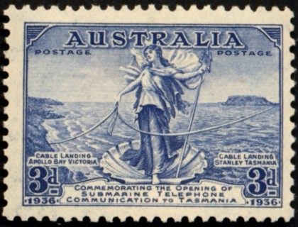 Australia-1936-Amphitrite-and-Telephone-Cable-3-pence-blue-C-of-A-P11-5-Landscape