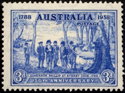 Australia-1937-150th-Anniv-of-Foundation-of-NSW-3-pence-bright-blue-C-of-A-P13-5x14-Governor-Phillip-at-Sydney-Cove