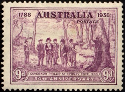 Australia-1937-150th-Anniv-of-Foundation-of-NSW-9-pence-purple-C-of-A-P13-5x14-Governor-Phillip-at-Sydney-Cove