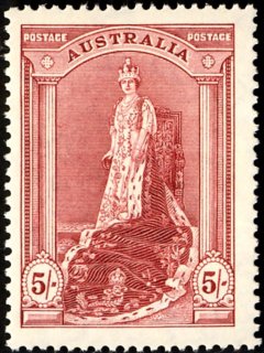 Australia-1938-Queen-Elizabeth-5-shilling-claret-C-of-A-P13-5-Queen-Elizabeth