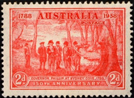 Australia-1942-150th-Anniv-of-Foundation-of-NSW-2-pence-scarlet-C-of-A-P13-5x14-Governor-Phillip-at-Sydney-Cove