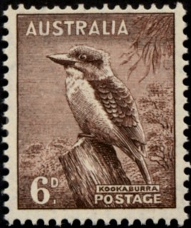 Australia-1942-Laughing-Kookaburra-6-pence-red-brown-C-of-A-P15x14-Bird