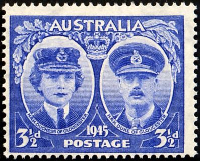 Australia-1945-Arrival-of-Duke-Duchess-of-Gloucester-in-Aust-3-5-pence-ultramarine-C-of-A-P14-5-Royalty