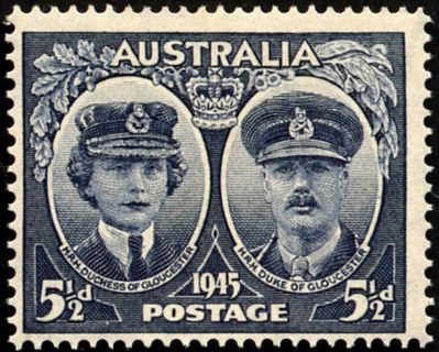 Australia-1945-Arrival-of-Duke-Duchess-of-Gloucester-in-Aust-5-5-pence-indigo-C-of-A-P14-5-Royalty