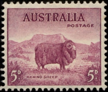 Australia-1946-Merino-ram-5-pence-purple-C-of-A-P14x15-Animal