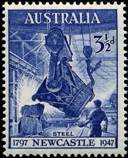 Australia-1947-Sesquicentenary-of-City-of-Newcastle-3-5-pence-blue-C-of-A-P14-5-Steel-foundry