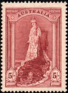 Australia-1948-Queen-Elizabeth-5-shilling-claret-C-of-A-P13-5-Queen-Elizabeth