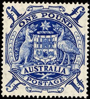 Australia-1949-King-George-VI-definitives-Arms-1-pound-blue-C-of-A-P14-5x13-5-Commonwealth-Coat-of-Arms