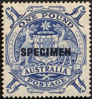Australia-1949-King-George-VI-definitives-Arms-1-pound-blue-C-of-A-P14-5x13-5-Commonwealth-Coat-of-Arms_1