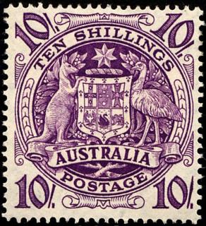 Australia-1949-King-George-VI-definitives-Arms-10-shilling-purple-C-of-A-P14-5x13-5-Commonwealth-Coat-of-Arms