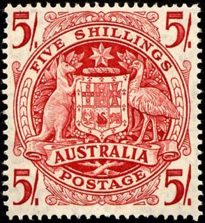 Australia-1949-King-George-VI-definitives-Arms-5-shilling-claret-C-of-A-P14-5x13-5-Commonwealth-Coat-of-Arms