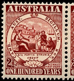 Australia-1950-Centenary-of-Adhesive-Postage-Stamps-in-Australia-2-5-pence-maroon-P15X14-Copy-first-NSW-stamp