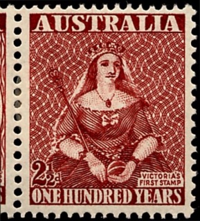 Australia-1950-Centenary-of-Adhesive-Postage-Stamps-in-Australia-2-5-pence-maroon-P15X14-Copy-first-Victoria-stamp