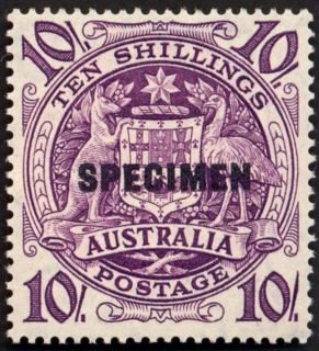 Australia-1950-King-George-VI-definitives-Arms-10-shilling-purple-C-of-A-P14-5x13-5-Commonwealth-Coat-of-Arms