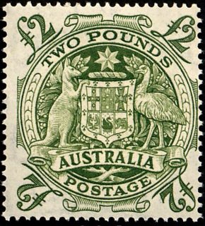 Australia-1950-King-George-VI-definitives-Arms-2-pound-green-C-of-A-P14-5x13-5-Commonwealth-Coat-of-Arms