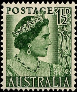 Australia-1950-Queen-Elizabeth-1-5-pence-green-P15X14-Royalty-Queen-Elizabeth-II