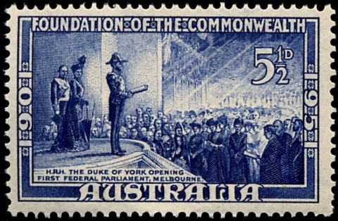 Australia-1951-Golden-Jubilee-of-Commonwealth-of-Australia-5-5-pence-blue-P15X14-Painting