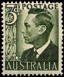 Australia-1951-King-George-VI-3-pence-grey-green-P15X14-Royalty