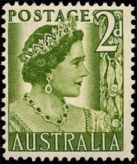 Australia-1951-Queen-Elizabeth-2-pence-yellow-green-P15X14-Royalty-Queen-Elizabeth-II