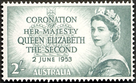 Australia-1953-Queen-Elizabeth-II-2-shilling-dull-bluish-green-P14-75-x-14-12-Portrait