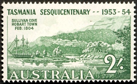 Australia-1953-Sesquicentenary-of-Settlement-in-Tasmania-2-shilling-green-P14-75-x-14-15-Sullivan-Cove