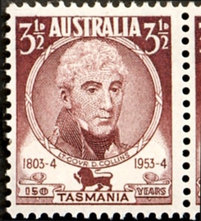 Australia-1953-Sesquicentenary-of-Settlement-in-Tasmania-3-5-pence-brown-purple-P14-6-x-14-02-Lieutenant-Governor-Collins