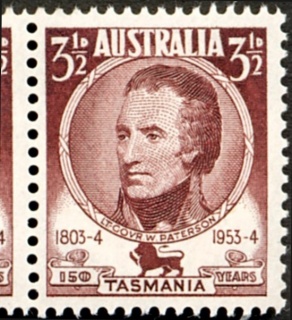 Australia-1953-Sesquicentenary-of-Settlement-in-Tasmania-3-5-pence-brown-purple-P14-6-x-14-02-Lieutenant-Governor-Paterson-SG269