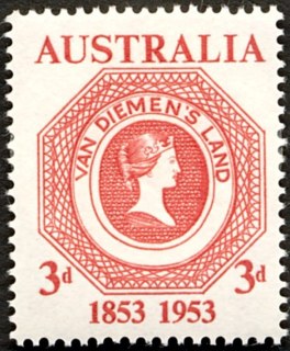 Australia-1953-Tasmanian-Postage-Stamp-Centenary-3-pence-rose-P14-4-x-14-7-Stamp-on-stamp