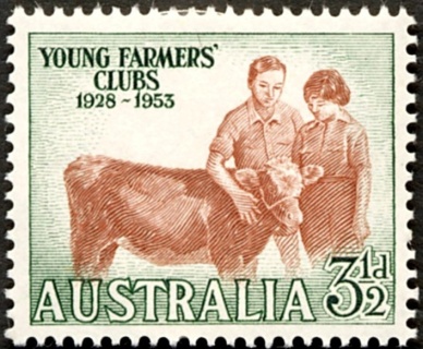 Australia-1953-Twenty-fifth-Anniversary-of-Young-Farmers-Clubs-3-5-pence-red-brown-deep-green-P14-65-x-14-5-Animal