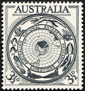 Australia-1954-Australian-Antarctic-Research-3-5-pence-grey-black-P14-36-x-13-74-Map