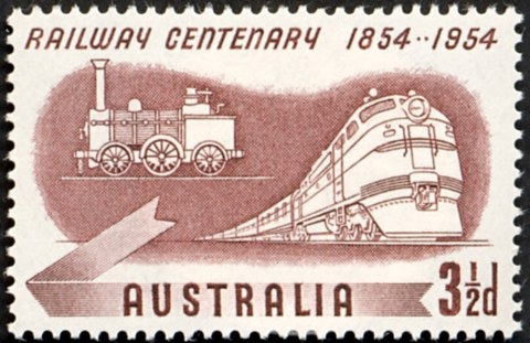 Australia-1954-Australian-Railways-Centenary-3-5-pence-purple-brown-P14-33-x-14-04-Train