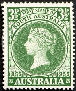 Australia-1955-Centenary-of-South-Australian-Postage-Stamps-3-5-pence-green-P14x14-5-Stamp-on-Stamp