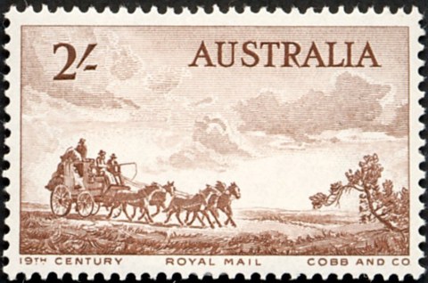 Australia-1955-Mail-Coach-Pioneers-Commemoration-2-shilling-reddish-brown-P14-5x14-Stage-Coach