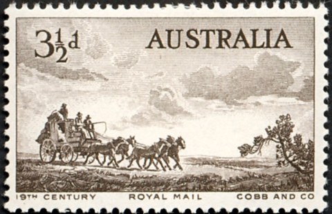 Australia-1955-Mail-Coach-Pioneers-Commemoration-3-5-pence-sepia-P14-5x14-Stage-Coach