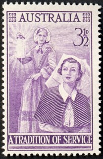 Australia-1955-Nursing-Profession-Commemoration-3-5-pence-reddish-violet-P14x14-5-Nurses