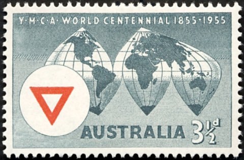 Australia-1955-World-Centenary-of-Y-M-C-A-3-5-pence-deep-bluish-green-P14-5x14-Map