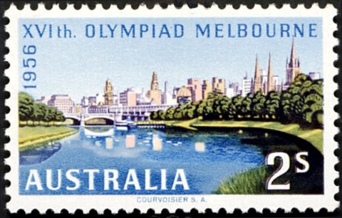 Australia-1956-Olympic-Games-Melbourne-2-shilling-Multi-P11-50-Melbourne-cityscape-over-Yarra-River-SG293