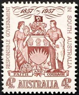 Australia-1957-Centenary-of-Responsible-Government-in-South-Australia-4-pence-red-brown-P14-50-Coat-of-Arms