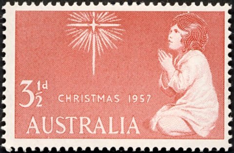 Australia-1957-Christmas-3-5-pence-scarlet-P14-5x14-Child