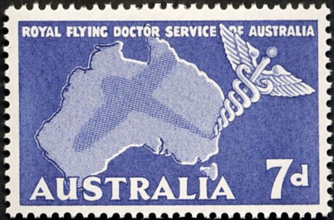 Australia-1957-Flying-Doctor-Service-7-pence-ultramarine-P14-5x14-Map