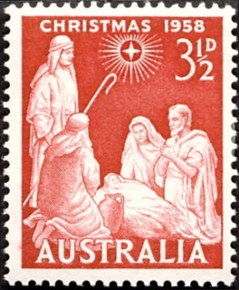 Australia-1958-Christmas-3-5-pence-deep-scarlet-P14-5x15-The-Nativity