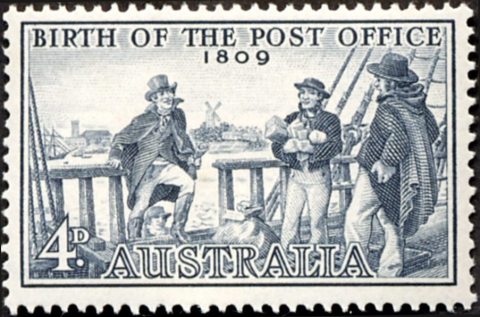 Australia-1959-Australian-Post-Office-150th-Anniversary-4-pence-slate-P14-5x14-Postmaster-Isaac-Nichols-loading-brig-Experiment-