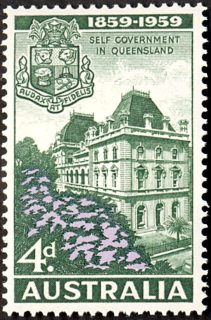 Australia-1959-Centenary-of-Responsible-Government-in-Queensland-4-pence-lilac-green-P14x14-5-Parliament-House