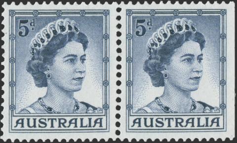 Australia-1959-Queen-Elizabeth-II-2-x-5-pence-deep-blue-P15x14-Pair-SG314b