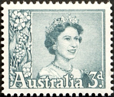 Australia-1959-Queen-Elizabeth-II-3-pence-blue-green-P14x15-Queen-Elizabeth-II