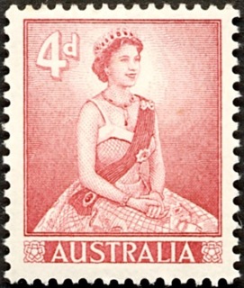 Australia-1959-Queen-Elizabeth-II-4-pence-carmine-lake-P15x14-Queen-Elizabeth-II