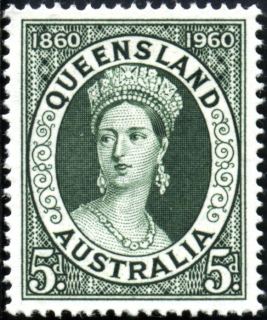 Australia-1960-Centenary-of-Queensland-Postage-Stamp-5-pence-deep-myrtle-green-P14-5x15-Royalty